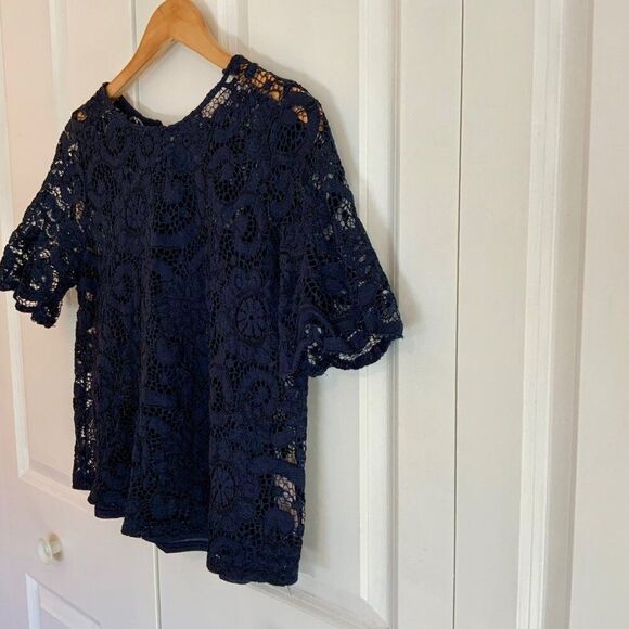 Nanette Lepore Navy Blue Lace Overlay Short Sleeve Top Large - Picture 5 of 11